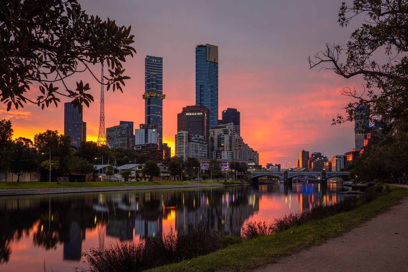 Melbourne skyline and the Yarra River at sunset
